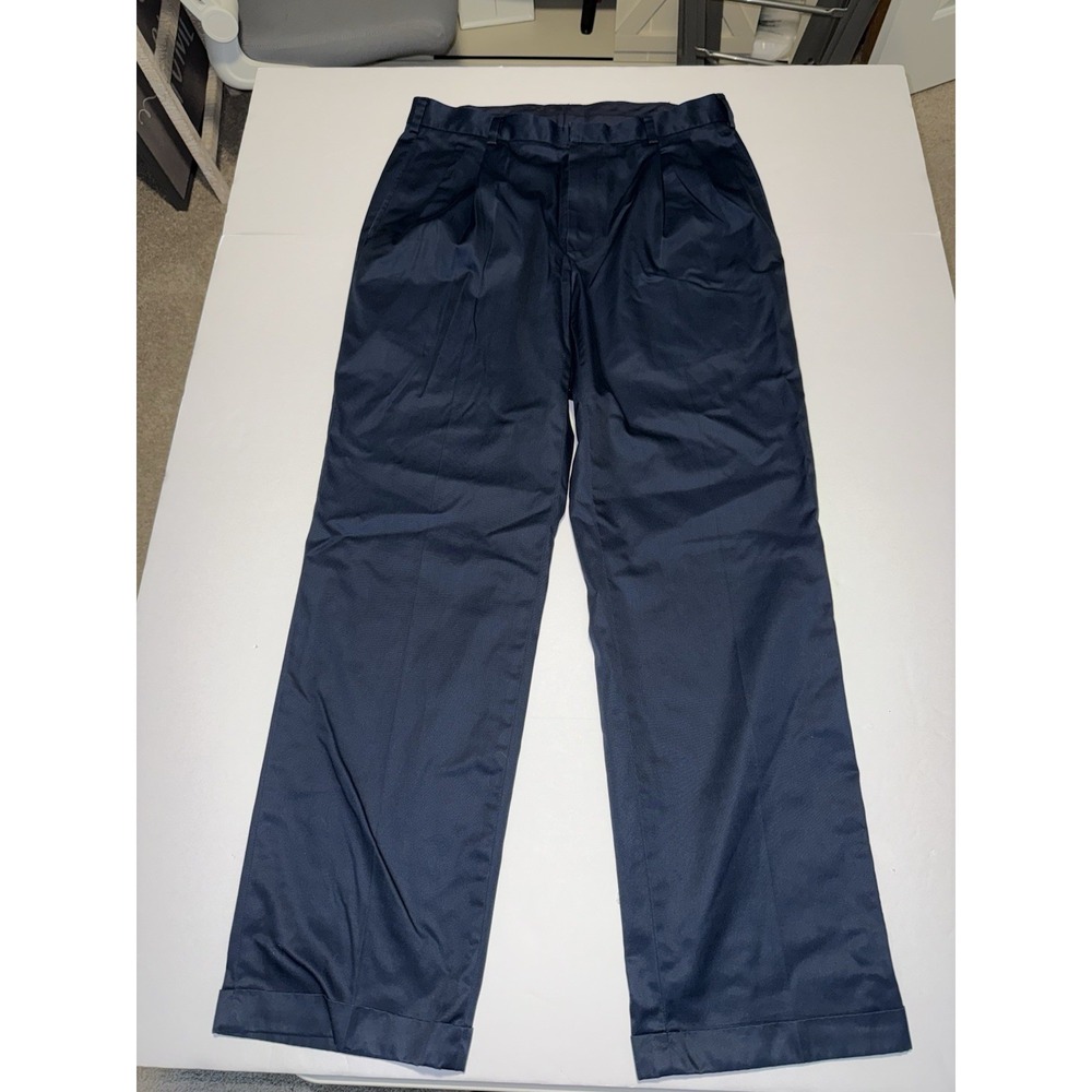 Jos A Bank Men 35x32 Dress Pants Navy Blue Cotton Cuffed Stays Cool Trousers Out